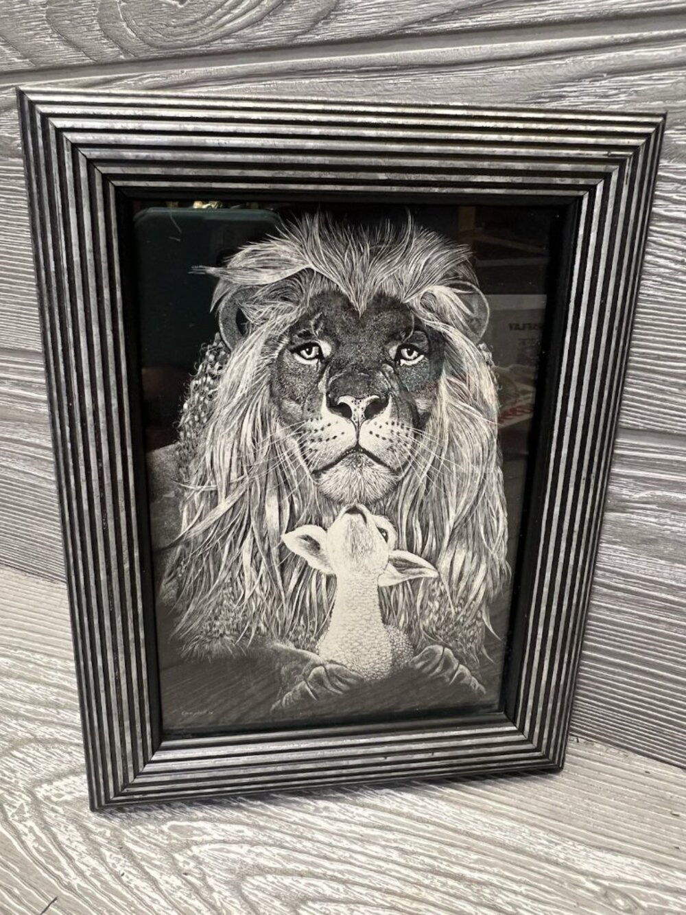 Lion & Lamb Print from Etching Campbell 1978   Framed AGI Gifts USA 5” X 7”